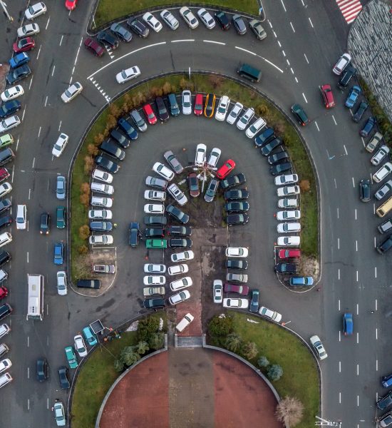 view from a birdseye to the city of Kiev, street with a lot of parked cars